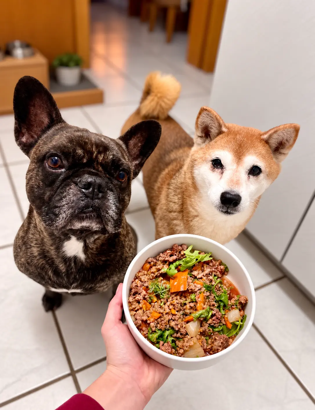 Ayumi und Kostas stehen hinter einer Schale mit frisch zusammengestelltem Futter.