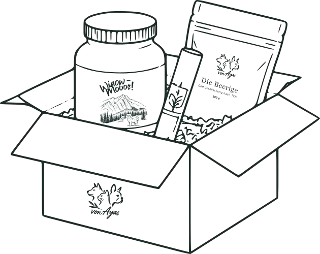 Illustration einer offenen Versandbox mit Wiaow Mooor und Gemüsemischung von vonAyas.