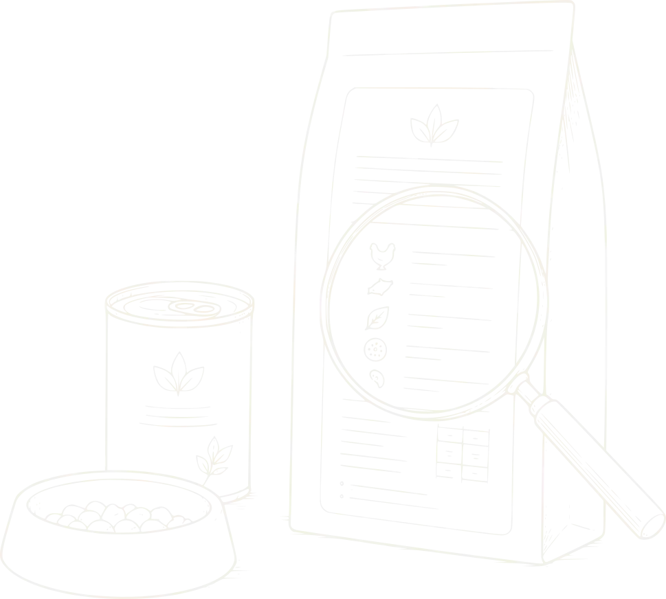 Illustration von Futternapf, Dose, Futtersack und Lupe als Symbol für die Analyse von Tierfutter.