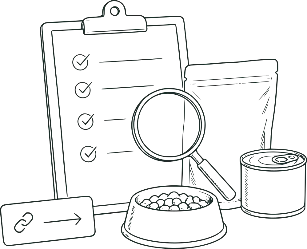 Illustration von Futternapf, Dose, Futtersack und Lupe als Symbol für die Analyse von Tierfutter.