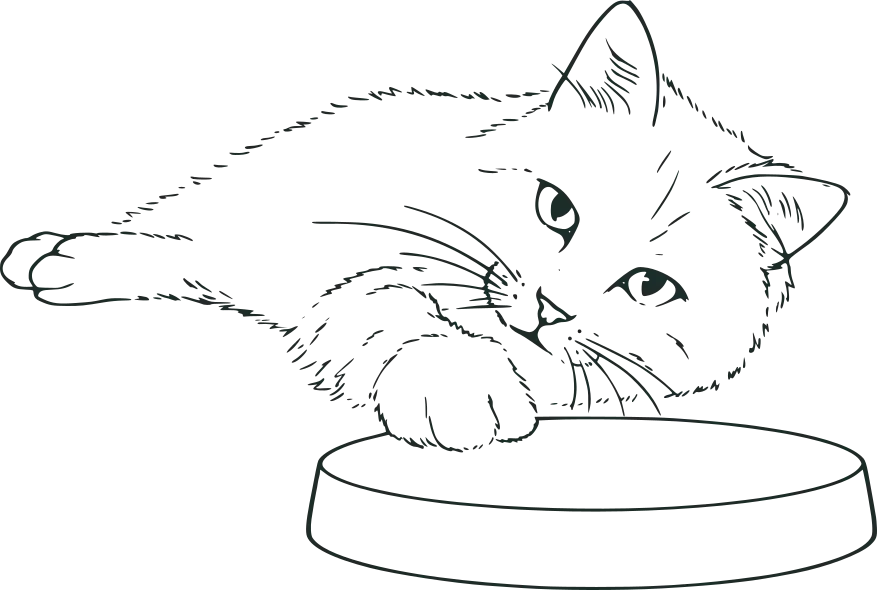 Linienzeichnung einer Katze, die entspannt neben einem Futternapf liegt.